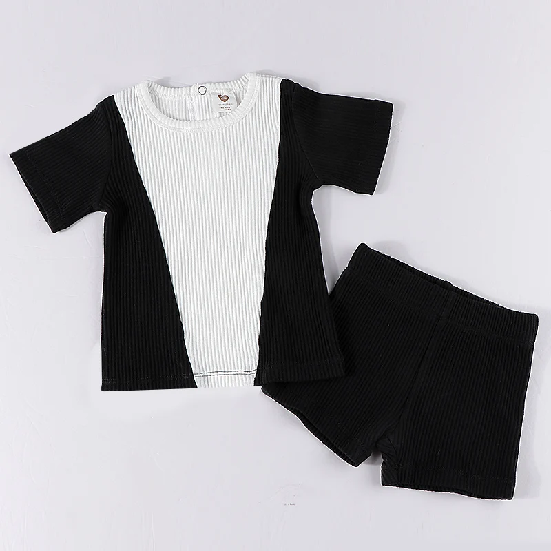 

Boy's set summer clothes 2pcs set top and short black ribbed kid clothes baby boy clothes round neck short sleeve contrast patch