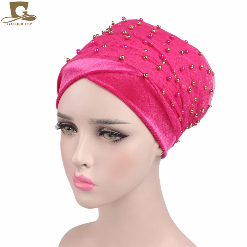 Hot pink 3D цветок из бисера длинный бархатный тюрбан головной убор нигерийский тюрбан стильный головной платок для женщин Африка хиджаб дамы тюрбан - Цвет: Hot pink