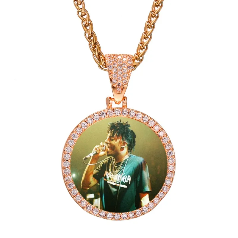 Custom Photo Necklace Circle Memory Medallions Pendant Necklace Copper Gold Personalized Cubic Zircon Necklaces Hip Hop Jewelry