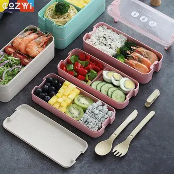

Triple Deck Wheat Stalk Lunchbox Eco-friendly Food Storage Boxes Portable Bento Box With Folding Handle Lunch Box