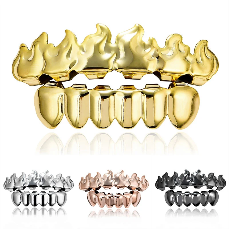 

MSFGJZM Gold Color Plated HIP HOP Teeth Grillz Flame Leaf Top & Bottom Grill Set With silicone Vampire teeth Christmas Gift