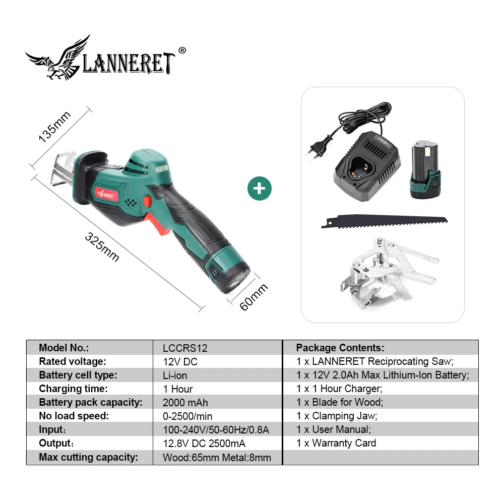 LANNERET 12V Беспроводная ножовочное полотно 2.0Ah литий-ионная аккумуляторная пила без инструментов сменный зажим портативная электрическая пила