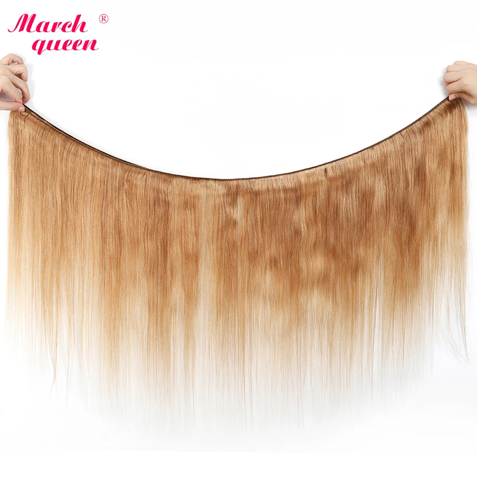  March Queen #27 Peruvian Straight Hair With Closure Honey Blonde Color Human Hair Weave 3 Bundles W
