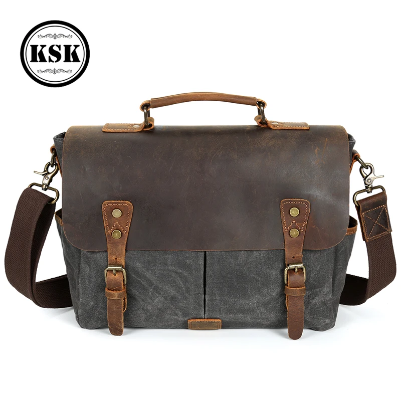 

Leather Briefcase Men Vintage Shoulder Bag Crazy Horse Leather Office Bags For Men 2019 Fashion Luxury Handbag Messenger Bag KSK