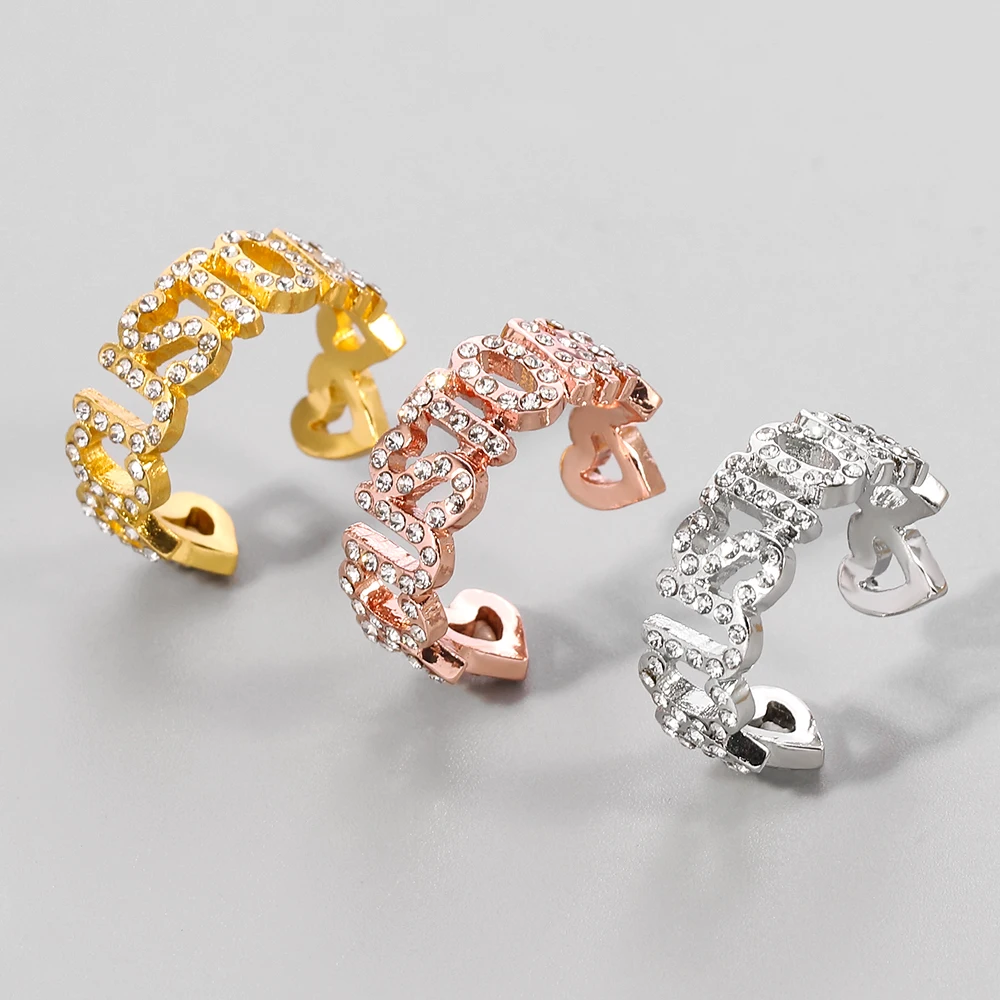 Anillos de zirconia ajustables con nombre personalizado, joyería con placa con nombre para mujeres y niñas, banda de boda hecha a mano
