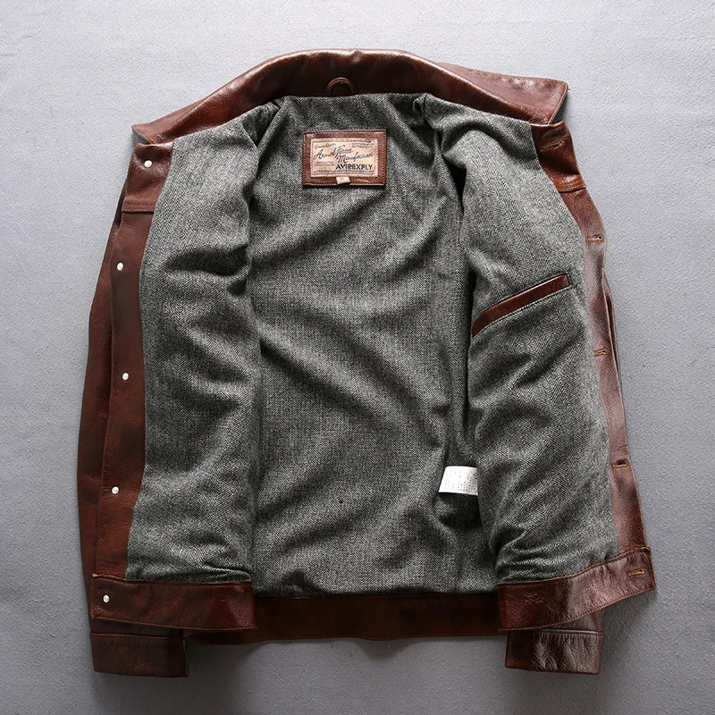 Factory New Men Brown Cow Leather Jacket Real Cowhide Casual Single Breasted Slim fit Jackets Winter Russia Coats