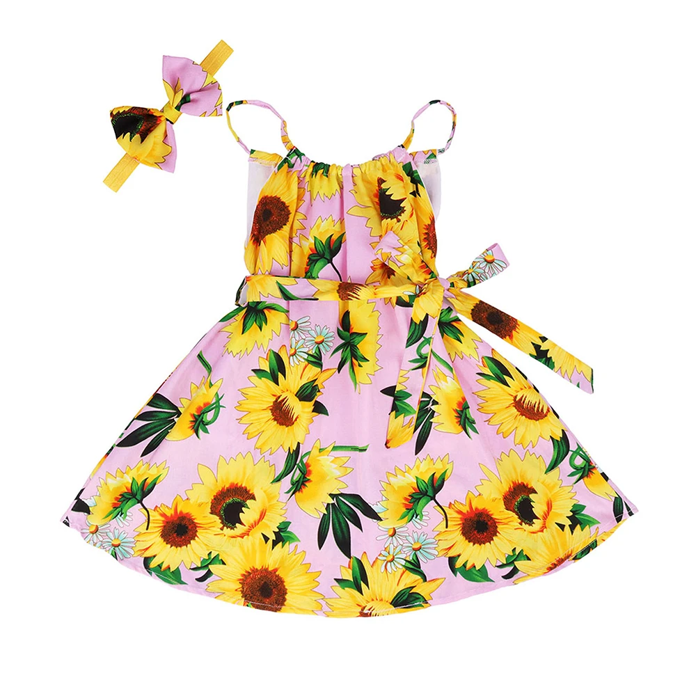 Vestido de viscosa con bandolera de flores para niñas, vestido de verano para bebés pequeños con girasoles y vestido bonito sin mangas con lazos lazos para niños|Vestidos| -