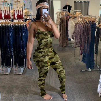 

HAOYUAN Sexy Camouflage Ruched Jumpsuit Women New Summer Clother One Piece Body Outfits Spaghetti Strap Bodycon Rompers Overalls