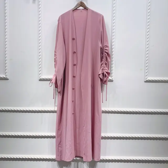 Ramadan Eid Abayas for Women Dubai Abaya Turkey Bunch Sleeve Muslim Hijab Dress Islamic Clothing Kaftan Kimono Femme Musulmane pink open abaya