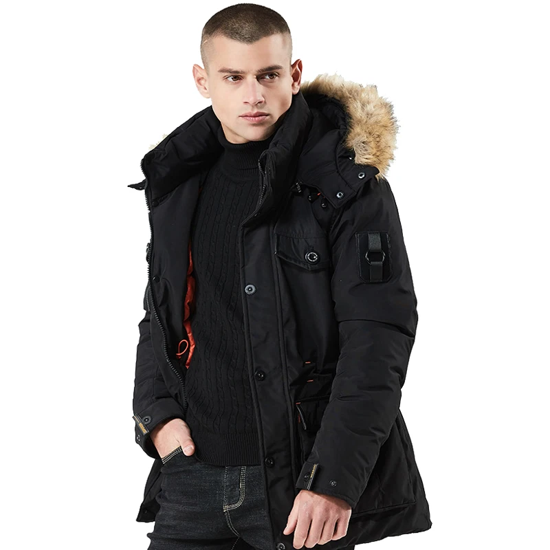 Мужская зимняя однотонная хлопковая парка, теплый пуховик, Толстая куртка с меховым воротником, водонепроницаемая парка на молнии с карманами высокого качества, M-3XL - Цвет: Black