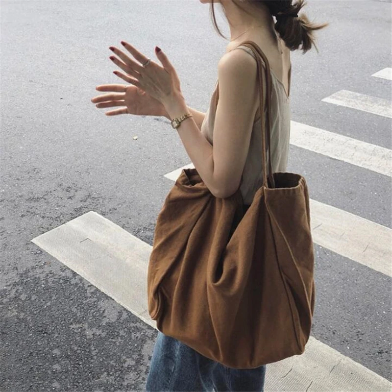 Women Casual Canvas Shoulder Bags Female Eco Cloth Handbag Tote Reusable Foldable Shopping Bag Cotton Large Capacity Books Pouch