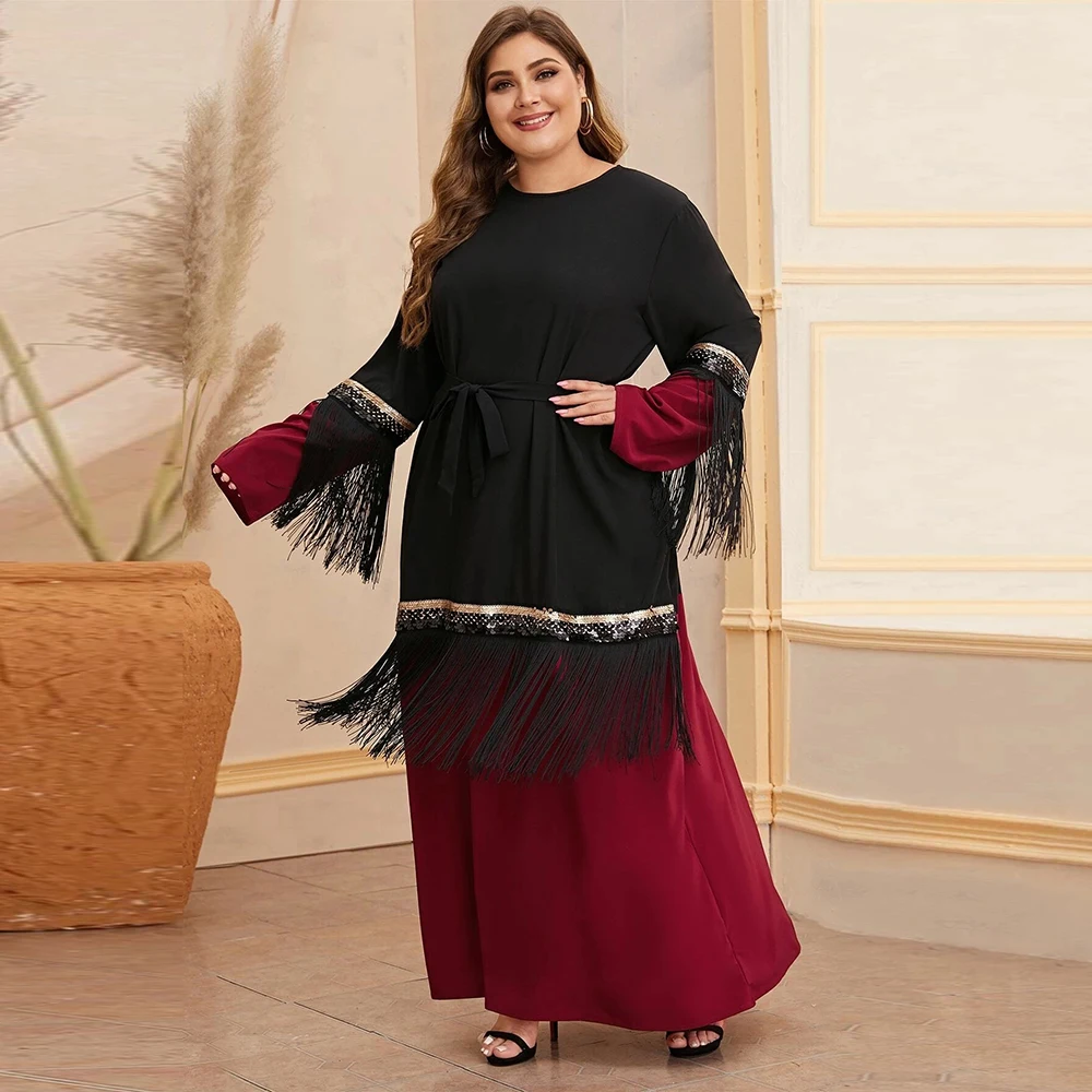

Siskakia Plus Size Long Dress Fashion Sequins Tassel Patchwork Contrast Color O Neck Long Sleeve Ramadan Eid Maxi Dress Muslim