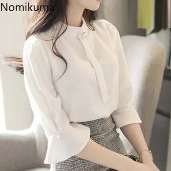 

Nomikuma OL Style Chiffon Women Blouse 3/4 Flare Sleeve O-neck Pullover Tops Shirt Korean Office Blusas Mujer De Moda 2020 3Z328