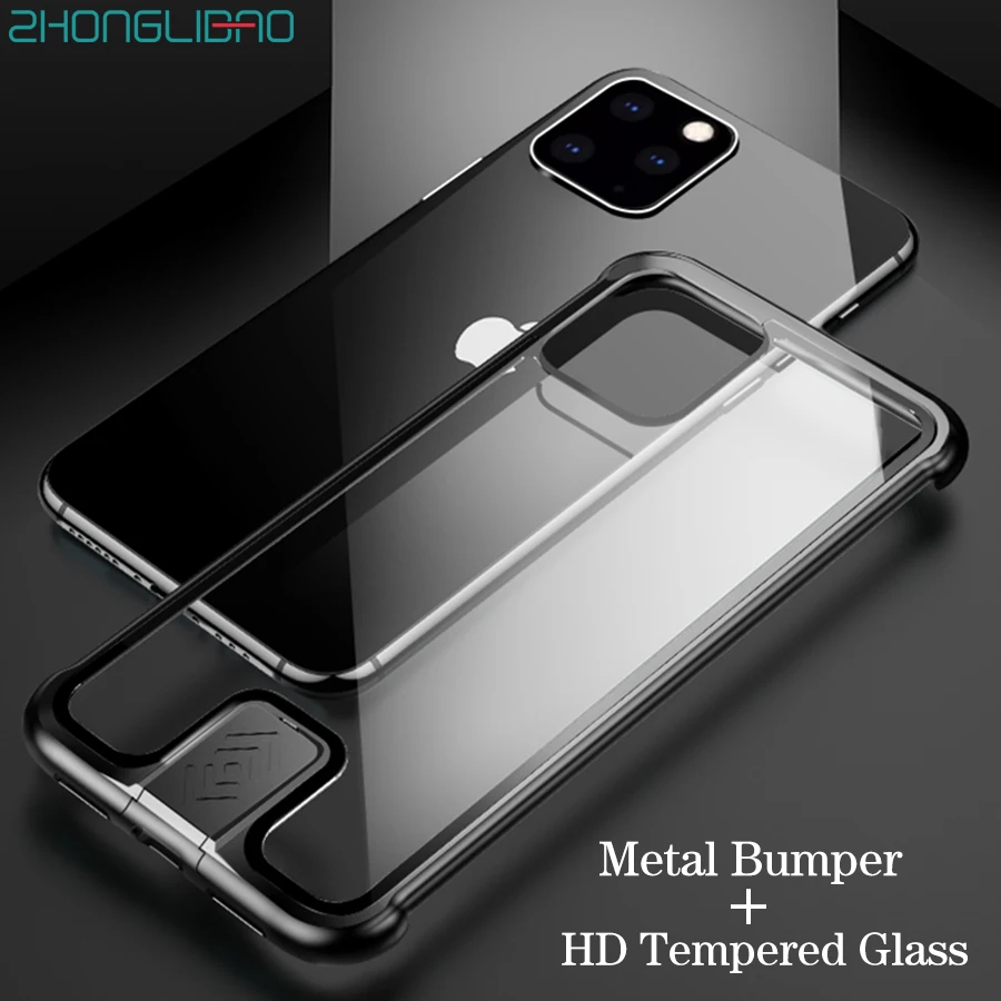 Роскошный тонкий металлический бампер для iPhone 11 Pro Max Xr корпус HD закаленное стекло