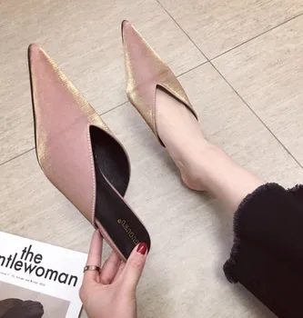 

Cover Toe Shoes Woman 2020 Shallow Female Mule Med Woman's Slippers Thin Heels Mules New Pointed Slides Rubber Bonded Leather
