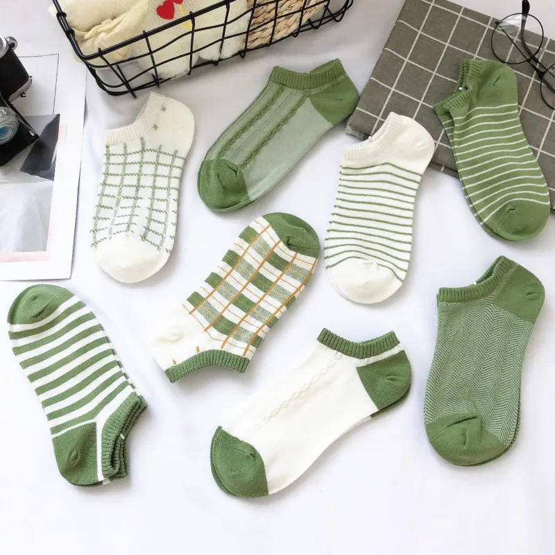 

New Personality Avocado Green Female Boat Socks Summer Thin Ins Tide Pure Cotton Shallow Mouth Cute Breathable Non-slip Socks