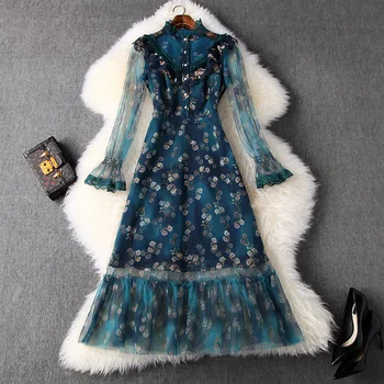 

Women designer mesh dress new 2020 spring summer ruffles front flare sleeve floral print elegant luxury brand dresses