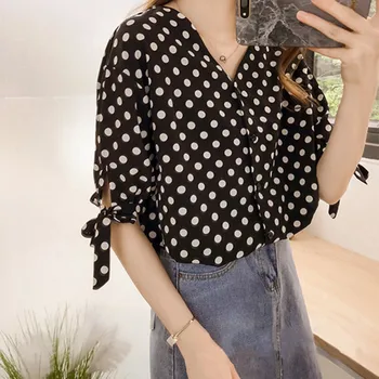 

Women Casual Chiffon Blouses V-Neck Half Sleeve With Bow Tops Summer Polka Dot Printed Loose Versatile Blouse