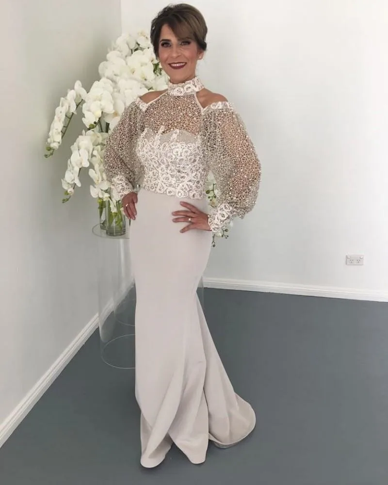 Elegante Hoge Hals Lace Moeder Van De Bruid Jurken Lange Mouwen Kralen Mermaid Bruiloft Gast Jurk Plus Size Avondjurk jassen Elegante Hoge Hals Lace Moeder Van De Bruid Jurken Lange Mouwen Kralen Mermaid Bruiloft Gast Jurk Plus Size Avondjurk jassen