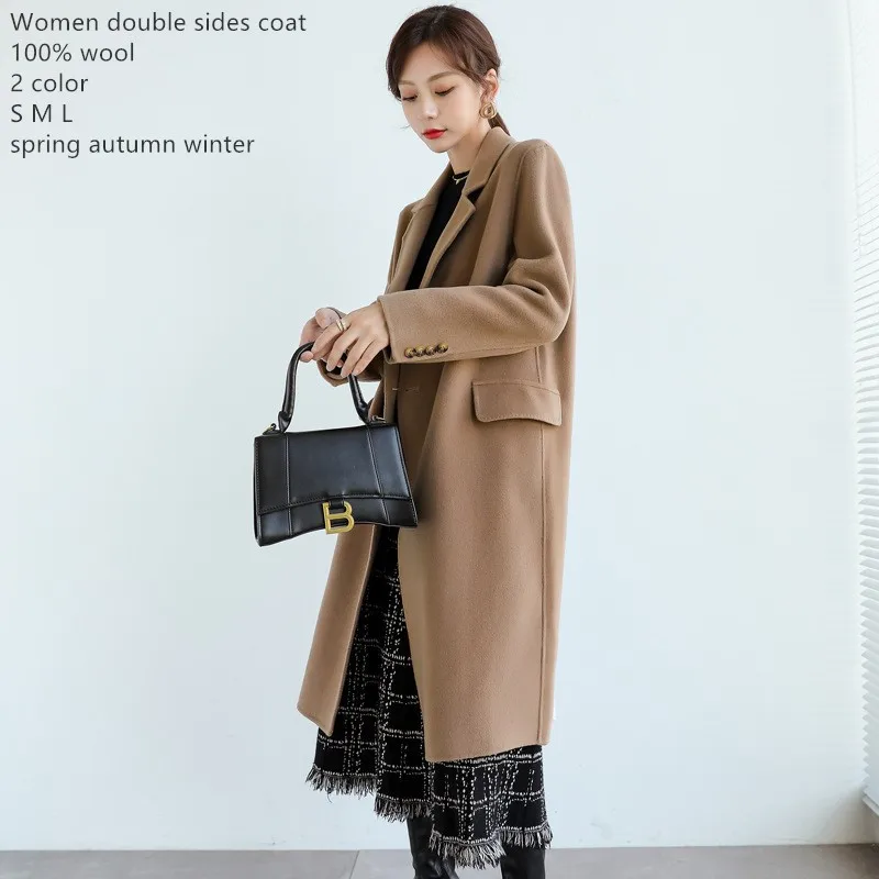 Naizaiga 100% Wool solid camel black Women double sides wool long coat British style slim woolen overcoat KSDR36 | Женская одежда