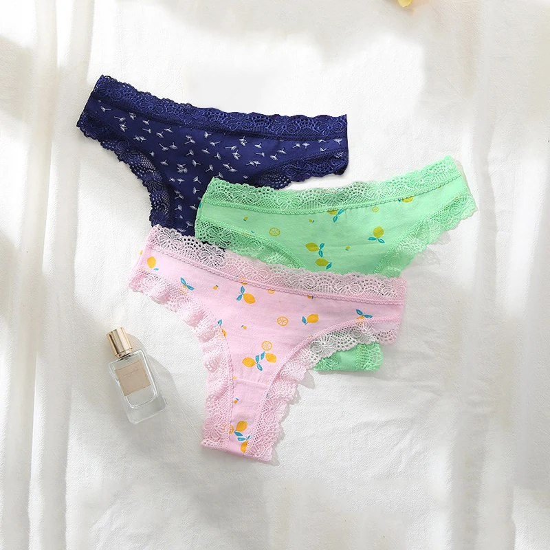 3 шт. женские хлопковые кружевные трусики-стринги с принтом | Женская одежда