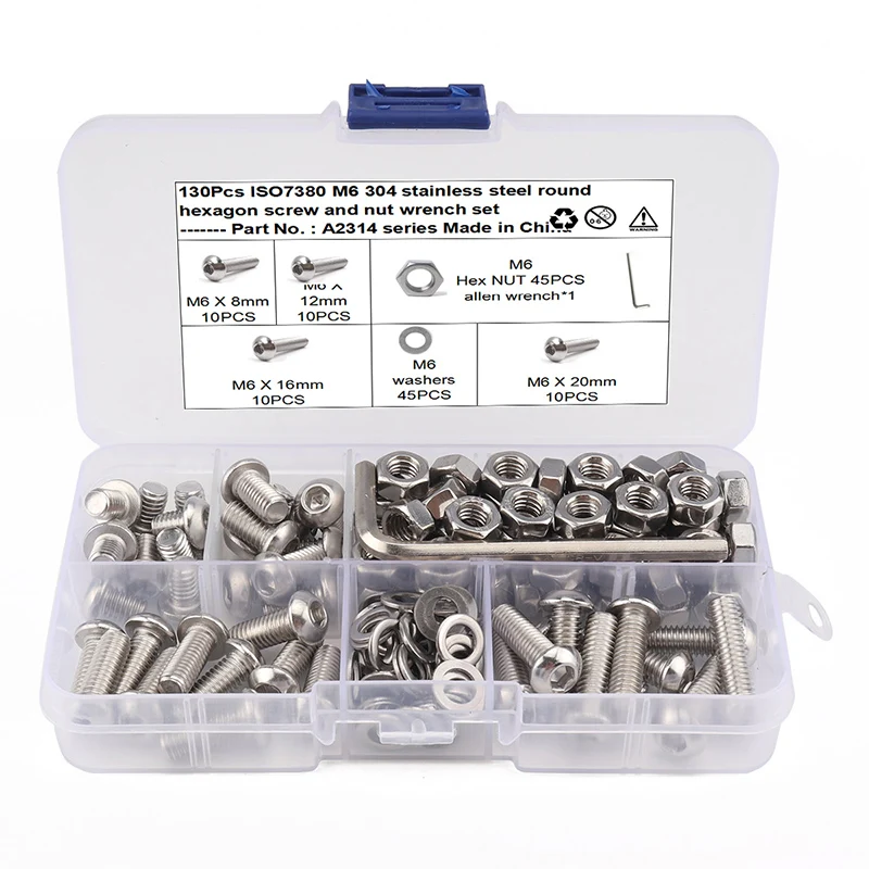 130pcs M6 Hex Button Head Screw Set Thread Metric Hexagon Socket Cap Bolt Nut Washer 304 Stainless Steel Assortment Kit | Инструменты