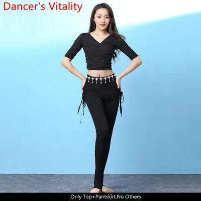 Top Pants as Photo Женская одежда для танца живота, тренировочная одежда, Осенний топ с коротким рукавом и кулиской, юбка-штаны, восточные Индийские танцы, начинающих обучение S - Цвет: Top Pants as Photo