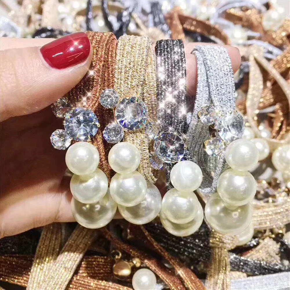 

Korea Crystal Faux Pearl Elastic Hair Rope Ties Girls Elegant Shiny Hair Band Scrunchies Hair Bows Headband Accessories