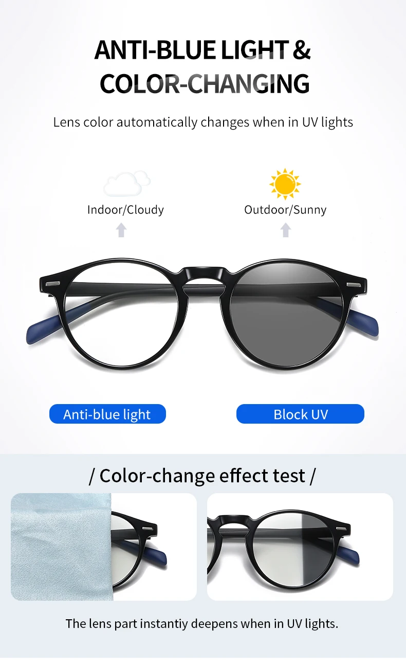 OH EVOL Retro  Computer Optical Photochromic Glasses for Men Women Round  TR90  Sun glass  Anti Blue Light  Lens Pink Frame anti blue light glasses