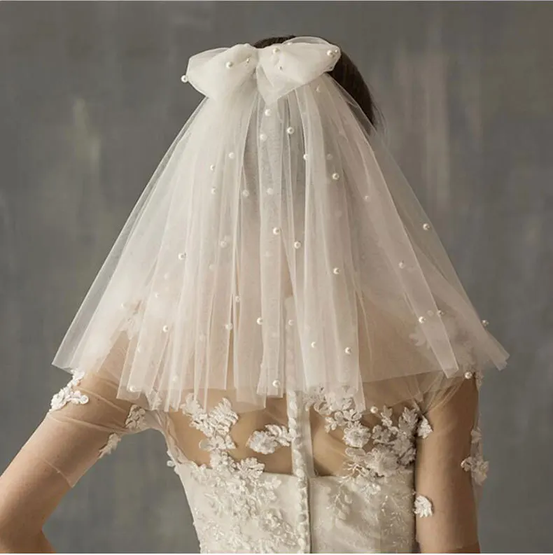 

Wedding Bridal Veil Tulle White Ivory Two Layers Pearls Halloween Bride Accessories Short Women Girls Veils