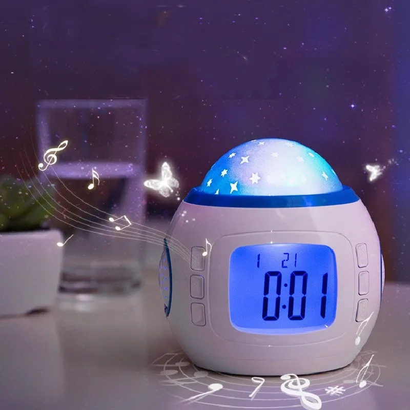 Музыка звездная звезда Повтор цифровой светодиодный проектор Будильник Календарь Часы с градусником ночник для спальни комнаты подарки для детей