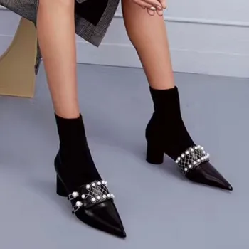 

Designer Pearl Zapatos Mujer Stretch Short Ankle Women Boots Pointed Toe High Heels Pumps Women Shoes Combat Thigh High Botas