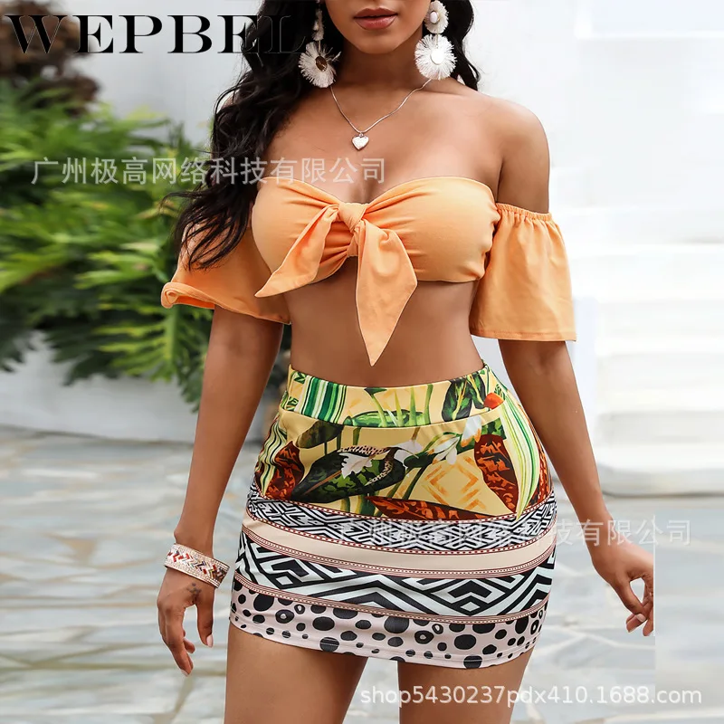 

WEPBEL Women's Lace-up Short-Sleeved Slash Neck Short Tops + Elastic High Waist Mini Skirt Sets Summer Sexy Floral Print Sets