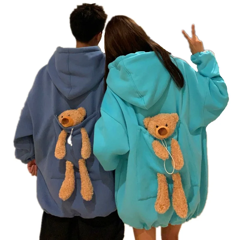 8.99US $ 10% OFF|Autumn Hoodies Women Thicken Liner Velvet Bear Toy In Back Big Pocket Warm Soft Hoo...