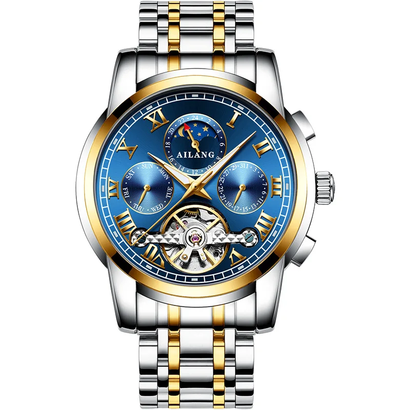 AILANG Fashion Men's Business Automatic Men Mechanical Watch Stainless Steel Calendar Week Luminous Waterproof Tourbillon Watch 