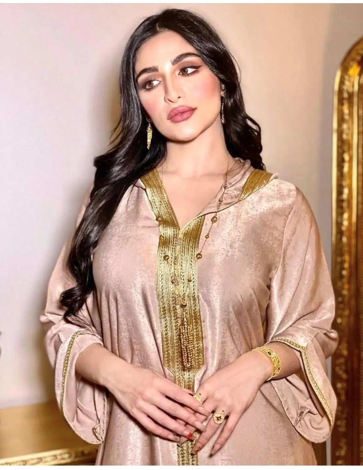Muslim Abaya Arabic Dresses Embroidery Hijab Fall Golden Ribbon African Dashiki V Neck Long Sleeve Maxi Dress Turkish Clothing | Женская