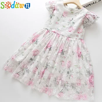 

Sodawn Summer New Flower Lace Mesh Girl Princess Dress Flying Sleeve Round Neck Kids Dress Children Costume Girl Clothes