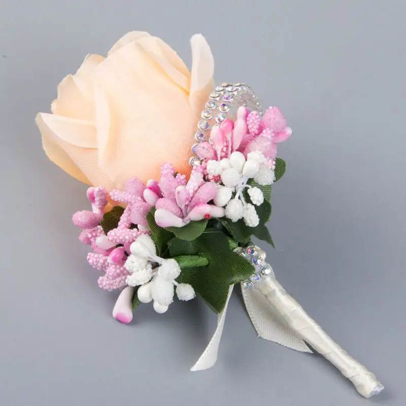 New 1Pc Women Men Wedding Artificial Rose Flower Brooch Bouquet Corsage Glitter Rhinestone Ribbon Lace Classic Prom Boutonniere