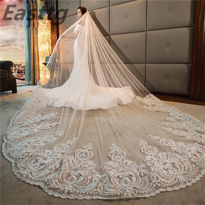 Luxury Long Bridal Veil Cathedral Length Lace Applique 4M Wedding Veil Comb Wedding Accessories Bridal Veil
