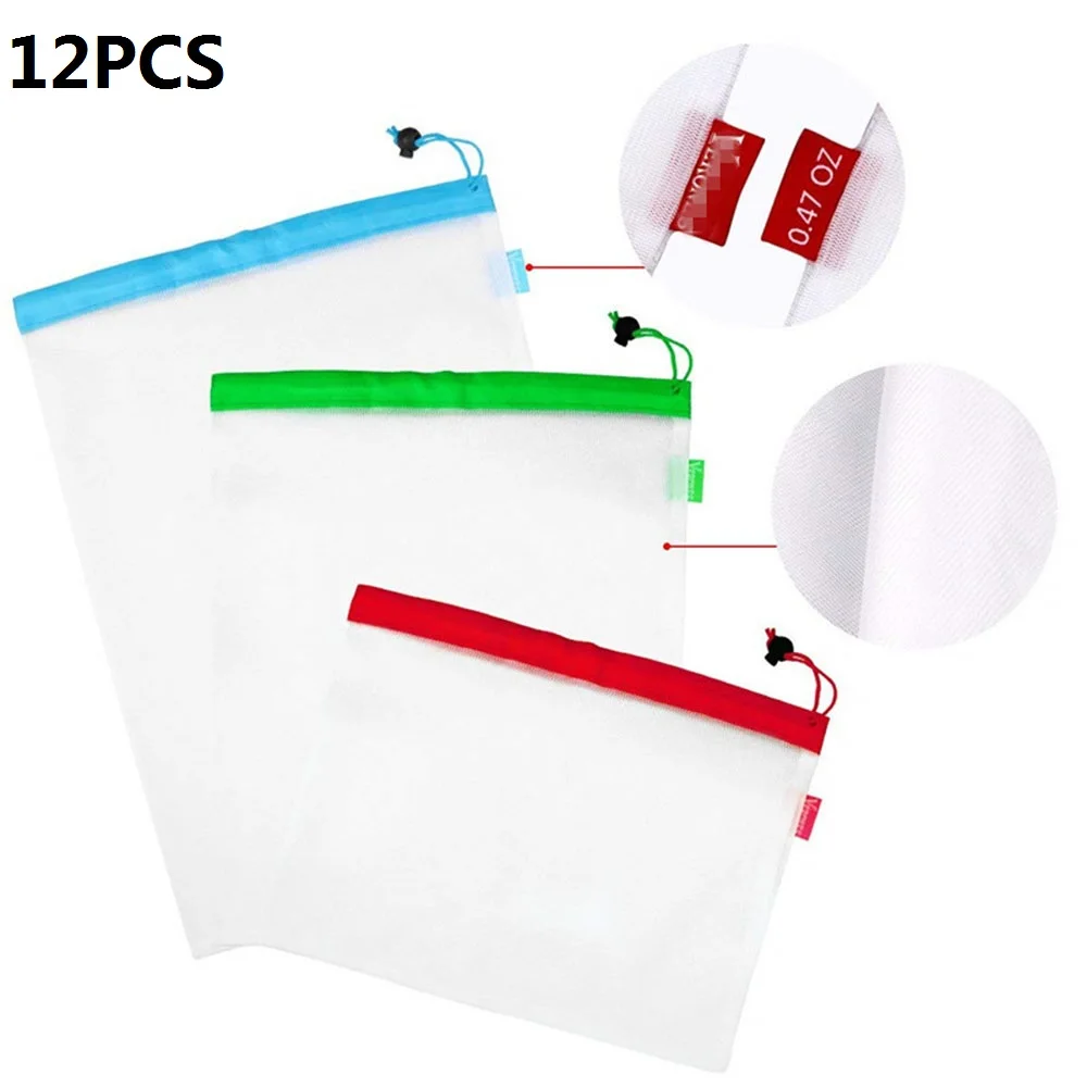 

12PCS Vegetable Net Pocket Mesh Drawstring Washable Fruit Bag Shopping Storage Baskets Reusable Pouch kitchen Organization