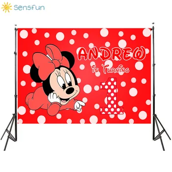 

Sensfun Girl's 1st Birthday Backdrop Red Minnie Mouse Photographic Background Customize Name Age Photo Studio Vinyl Booth Props