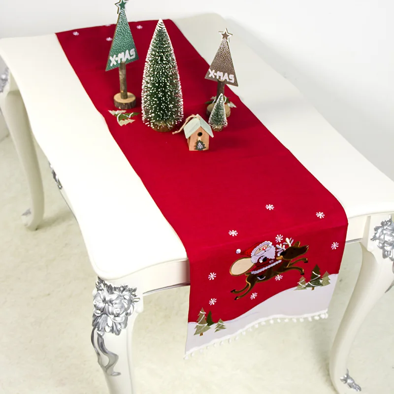 

Christmas Table Runner Santa Claus, Elk, Snowflake Printed with Tassels Festive Holiday Table Runner Dinning Table Decorations