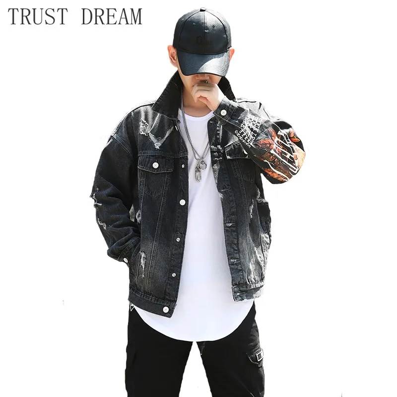 

Canada Style 2019 Man Denim Jackets Loose Black Printed Maple Leaf Men Ripped Hole Hip Hop Cool Coat Male Punk Chaqueta Hombre