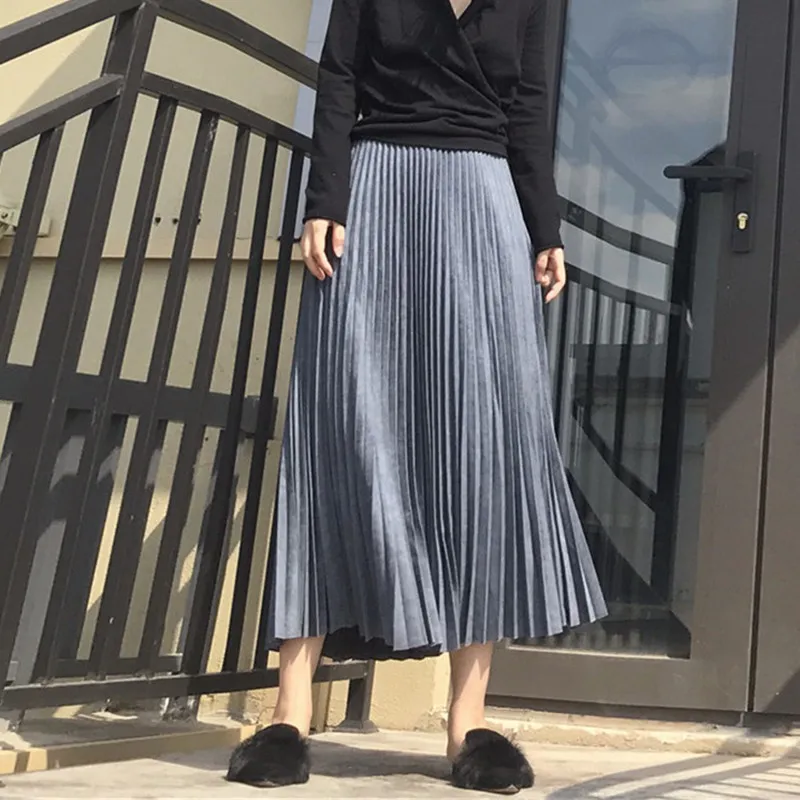 Женские осенне-зимние модные плиссированные юбки, эластичная высокая талия, сплошной цвет, трапециевидная юбка, длинный абзац, замша, для офисных леди