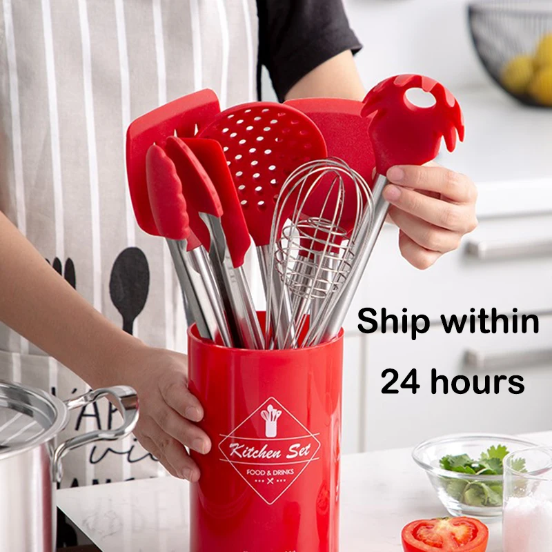 

Cooking Tool Set Silicone Kitchen High Quality Temperature Resistance Cookware Set With Storage Box Turner Tongs Spatula Spoon