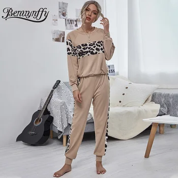 

Benuynffy Leopard Patchwork 2 Piece Set Tracksuit Women Autumn Winter Long Sleeve Pullover Sweatshirt And Pants Two Piece Sets