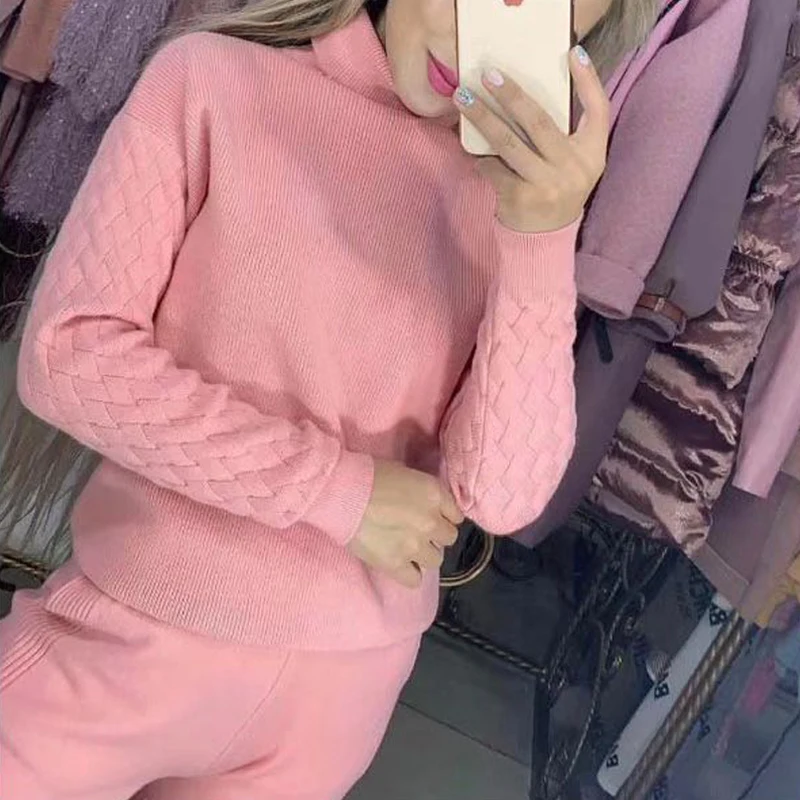 Skup Jesień zimowy dres z dzianiny dla kobiet bluzy z golfem kobiety garnitur odzież 2 częściowy zestaw sweter z dzianiny + spodnie zestaw damski