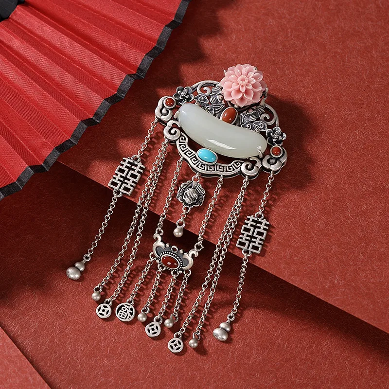 

S925 pure silver Hetian jade peony pendants Fu in front of the eyes happy words tassel lady sweater chain pendants