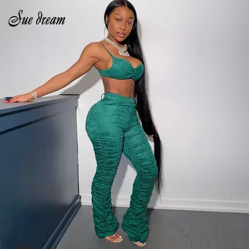 

2020 New Fashion Sexy Green Women'S Set Short Top & High Waist Draped Wide-Leg Pants 2 Two-Piece Set Club Celebrity Party Party