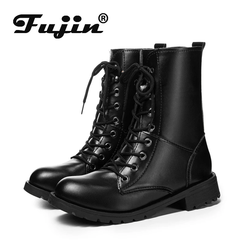 Fujin/женские ботинки; ботинки на платформе; Цвет Черный; обувь из высококачественной искусственной кожи на шнуровке; удобные женские ботинки из флиса; модные ботинки; сезон осень-весна